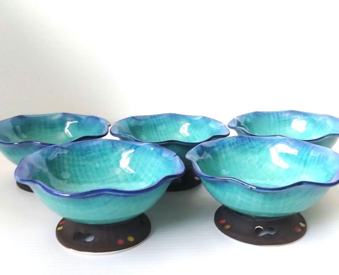 足付き 高台小鉢 和食器 高台 小皿 小鉢5枚セット ターコイズブルー